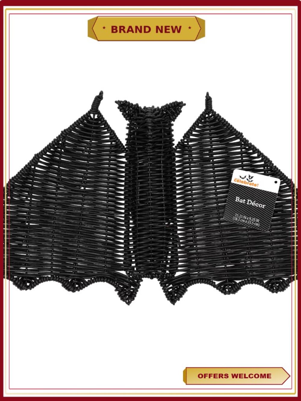 Woven Bat Wall Decoration Halloween Black 15.25 x 9.25 Natural Decor